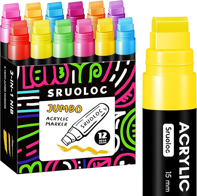 12 Neon Colors Jumbo Markers, 15mm Jumbo Felt Tip, Acrylic Paint Markers for Rock Painting, Poster, Stone, Ceramic, Glass, Wood, Canvas