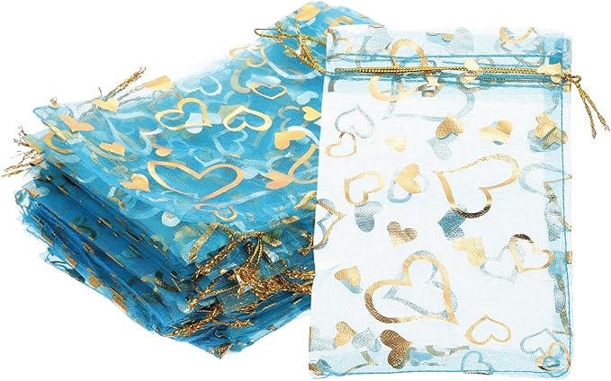 PATIKIL 100 Pcs 4x6 Inch Heart Printed Organza Bags, Lake Blue Sheer Heart Organza Bags with Drawstring for Christmas Candy Jewelry Party Wedding Favor Gift