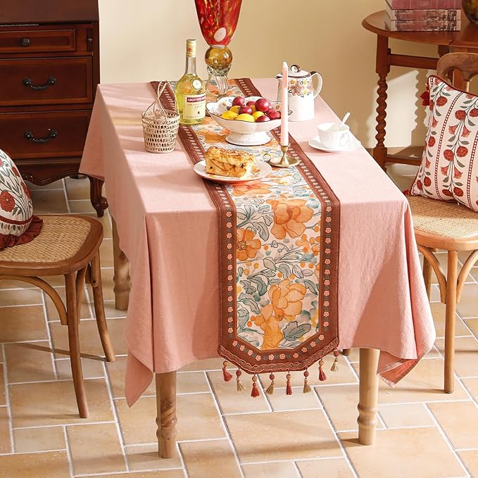 Designer Vintage Orange Floral Table Runner,French Soft Linen Farmhouse Table Runners 71 Inches Long,Decor Tabletop for Kitchen,Dining,Tea Party,Home,Christmas,12"*71"