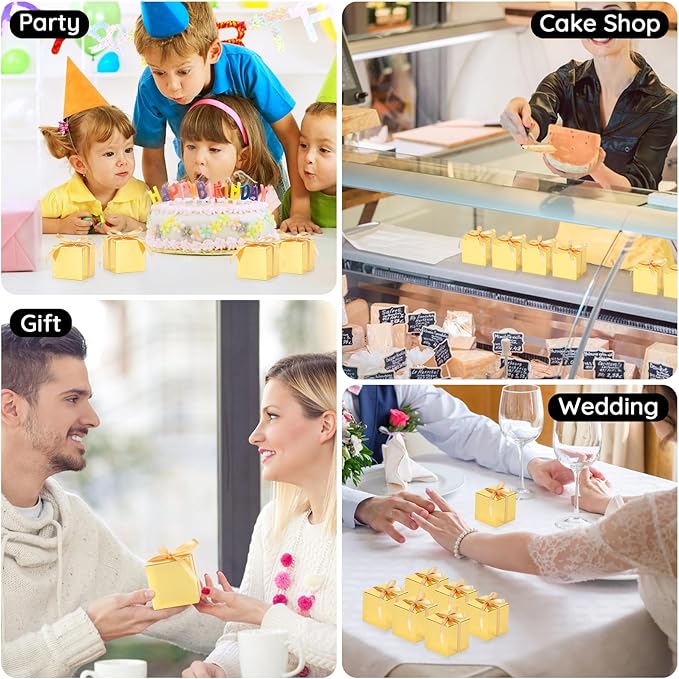 EUSOAR Candy Boxes Party Favors, 60pcs 3x3x3 Inches Gold Macaron Boxes Small Gift Box with Ribbon, Cube Thank You Gifts Box Macaron Mini Muffins Container for Wedding Bridal Party Favor Decorations
