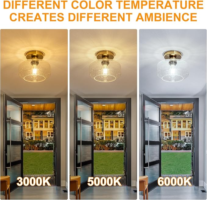 Simple & Elegant Semi Flush Mount Ceiling Light - Gold and Brass Fixture w/ 900LM LED Bulb for Kitchen, Bathroom, Hallway Lighting | Vintage Seeded Glass | Easy Install