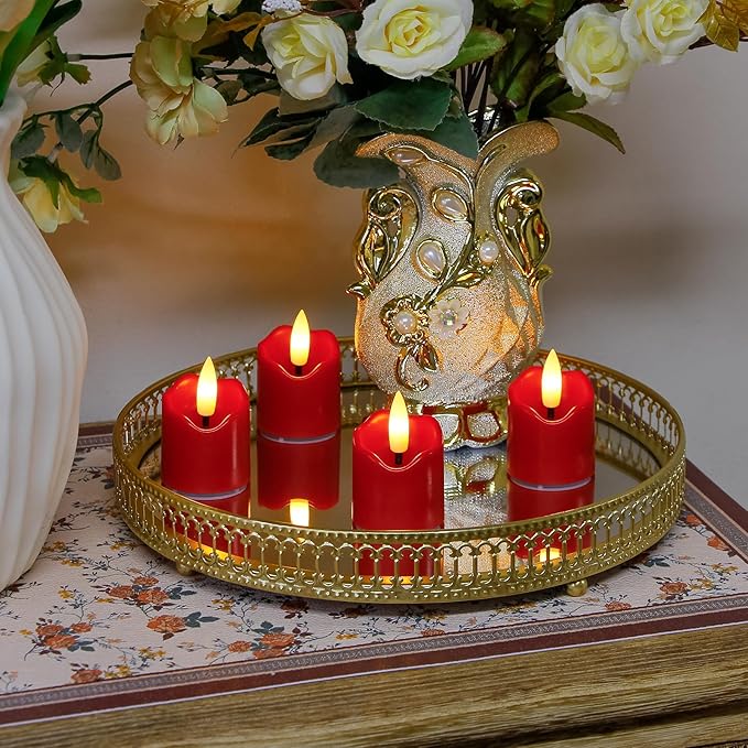 6 Pack Battery Operated Auto Daily Timer Burgundy Plastic LED Flameless Votive Candles, Long Runtime 1.6" x2.3" Flickering Tealight Candles with Remote Control