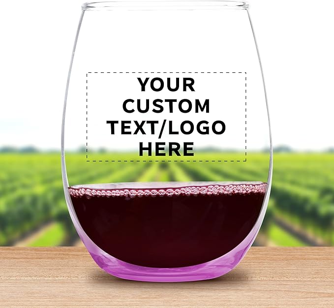 Custom Stemless Wine Glass 9 oz. Set of 10, Personalized Bulk Pack - Great for Wedding Favors, Bachelorette Party Decorations, Party Favors, Color Bottom - Pink