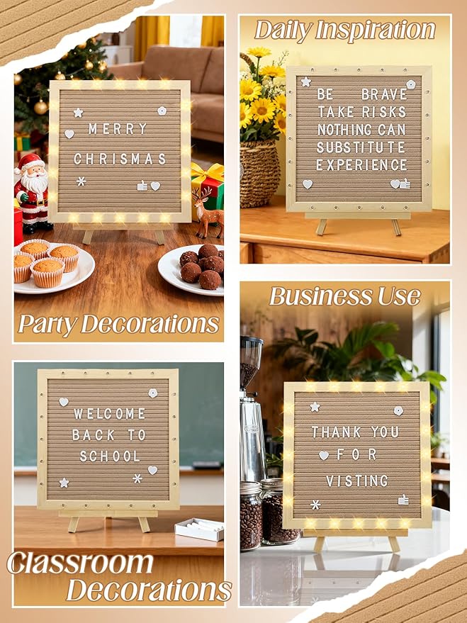 Light up Changeable Felt Letter Board Sign with LED Lights - 10×10" Message Board & Wood Stand & 450 Letters, for Halloween/Birthday/Event/Pregnancy/Baby Announcement/Home Wall Decor Gifts, Camel