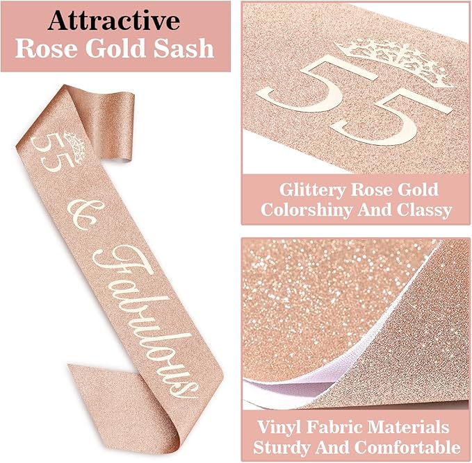 55 Birthday Decorations for Women Including Sash, Tiara, Numeral Candles and Cake Topper, 55th Birthday Gifts for Women, Rose Gold Party Favor Supplies