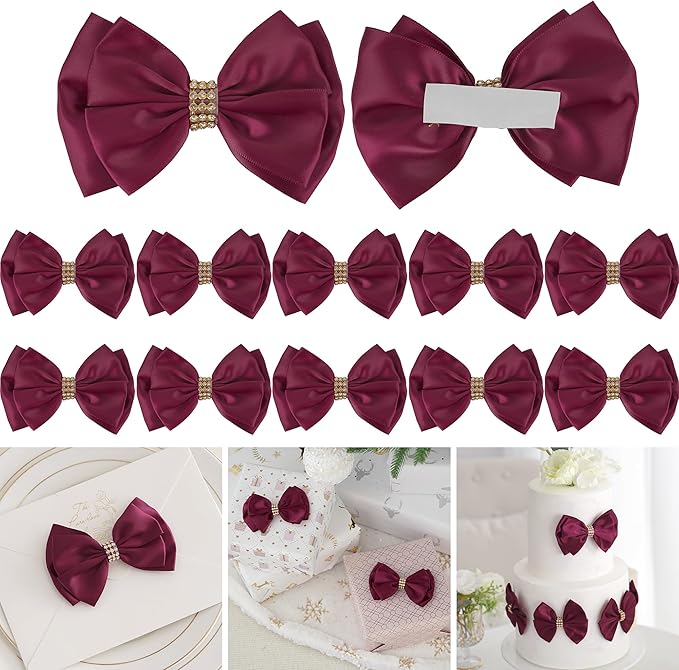 Dark Red Ribbon Bow 4'' Premade Satin Red Bows, Burgundy Gift Bows with Rhinestone, Wrapping Bows for Presents, Greeting Cards, Treat Bags, Valentines Bows for Gift Wrapping-12 Counts