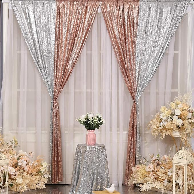Poise3EHome Rose Gold Sequin Backdrop Curtain, 4 Pieces 3FT x 8FT Sequin Backdrop Panels,Sequence Wedding Party Background Drapes