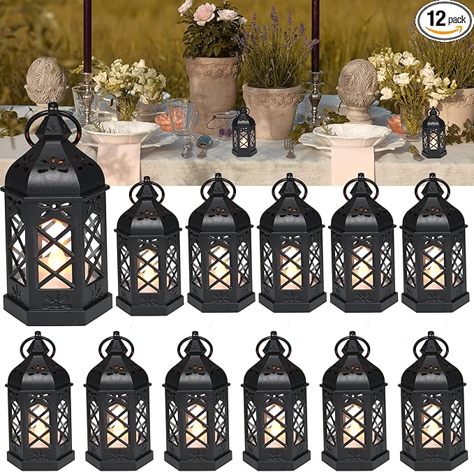 LLQ 12Pcs Mini Lantern with LED Candle, Small Black Lanterns Decorative for Halloween Decorations, Christmas Table Centerpiece, Flickering Candle Holders for Diwali Wedding Medieval Decor, Ornaments