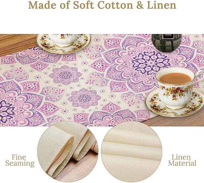 Purple Pink Mandala Table Runner, Traditional Indian Boho Mandala Flowers Print Table Runne for Kitchen Dining Table Office Wedding Party Holiday Home Decor, 13x60inch