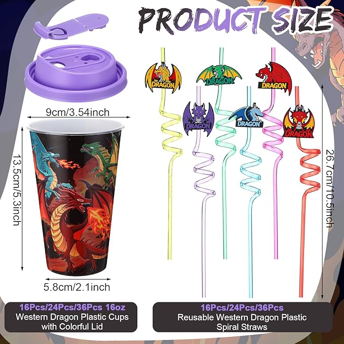 Yungyan 36 Sets Dragon Party Favors Goodie Cups with Lids and Straws for Birthday Decorations Reusable 16oz Plastic Candy Cups Plastic Straws for Birthday Party (Dragon)