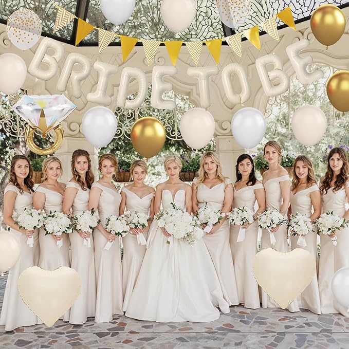 Sand White Bachelorette Party Decorations, Nude White Bride To Be Bridal Shower Balloons Decorations, White and Gold Balloons with Diamond Ring Cream Heart Balloons for Bachelorette Engagement Wedding