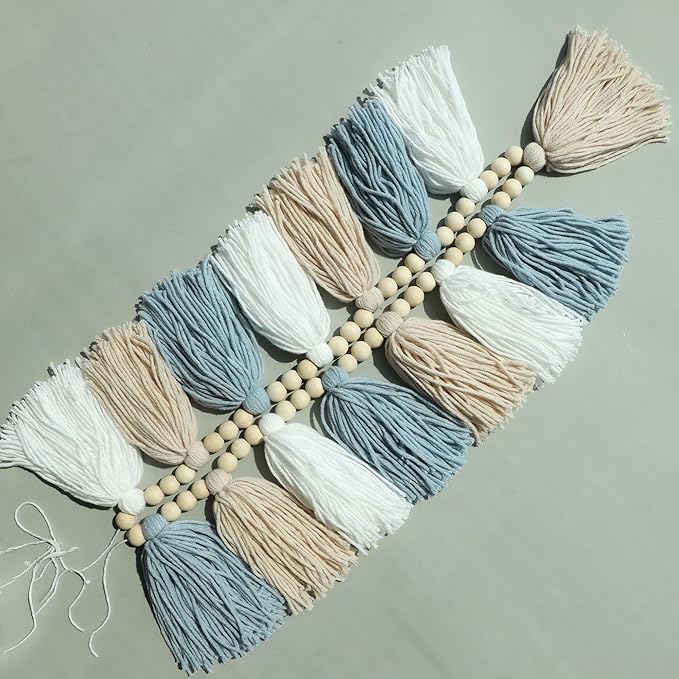 Boho Tassel Garland Wall Hanging with Wood Beads Blue Tassel Garland for Baby Shower Kids Room Bedroom Nursey Back to School Decorations