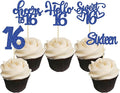 30pcs 16th Birthday Cupcake Toppers - Sixteen Happy 16th Cupcake Picks - Cheers to Sweet 16 Cake Decorations - Deep Blue Glitter
