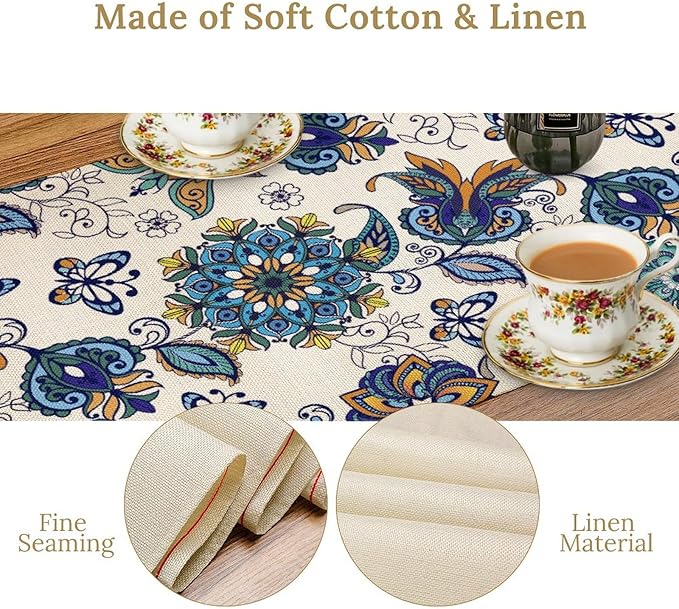 Oriental Paisley Table Runner, Luxury Vintage Blue Teal Floral Butterflies Print Table Runner for Home Dining Kitchen Coffee Table Party Decor, 13x36inch