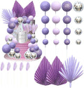 Ephlyn 33 Pack Balls Cake Toppers Boho Palm Leaves Cake Decorations Round Acrylic Happy Birthday Cupcake Toppers for Birthday Wedding Baby Shower Party Supplies Purple