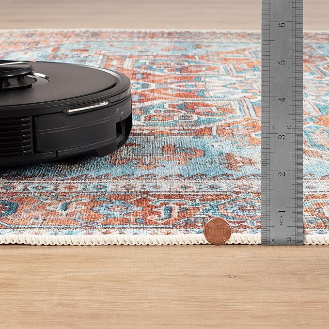 Bloom Rugs Washable Non-Slip 12 ft Runner - Coral/Sky Blue Traditional Medallion Runner for Entryway, Hallway, Bathroom, and Kitchen - Exact Size: 2.5' x 12'