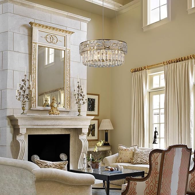 Crystal Chandelier, 16.5" 6-Light Gold Chandelier for Living Room, Round Chandeliers for Dining Room Dimmable, High Ceiling Chandeliers Hanging Lights for Entryway Bedroom