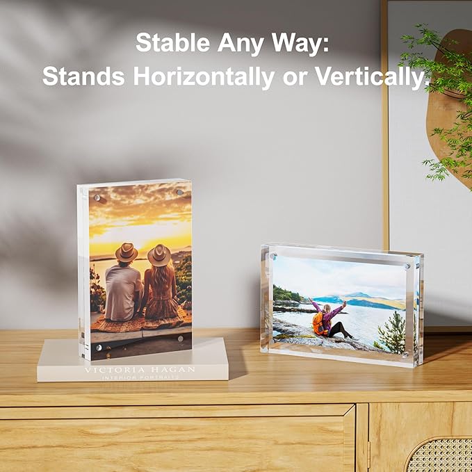 2 Pack 5x7 Acrylic Picture Frames - 20% Thicker Double Sided Magnetic Frame with UV Protection - Freestanding Clear Frameless Display for Tabletops - Modern Photo Frame Set for Home & Office Decor
