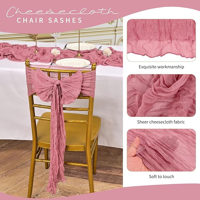 50 PCS Cheesecloth Chair Sashes, Bows Designed ChairSashes, 15.7x108 inch Chair Sashes for Aisle Decorations Universal Chairs Cover Decoration for Wedding Reception Party Banquet (Dusty Rose)
