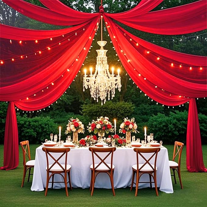 FUHSY Red Ceiling Drapes for Wedding Ceiling Drapes 5x20 FT 4 Panels Ceiling Draping Fabric Wedding Arch Drapery Fabric Sheer Backdrop Curtain Voile Drapes for Ceremony Outdoor Ceiling Decorations