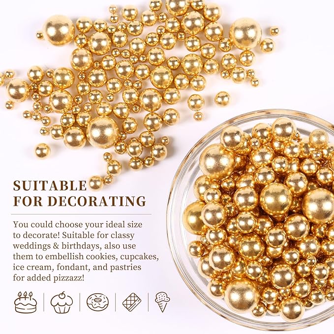 Pearl Sprinkles, Gold Pearls for Cake Decorating, Cake Pearls, Metallic Pearl Sprinkles Mix for Cake, Cupcakes, Macaron, Ice Cream, and Cookies. (120g/4.23oz)