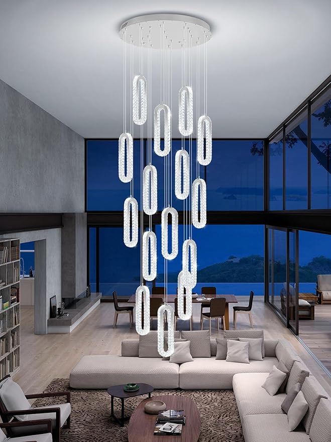 H138 Large Chandelier for High Ceiling,Modern 16-Rings Crystal Chandeliers for Entryway,Silver Pendant Light for Living Room,Foyer,Entryway LED Dimmable Staircase Chandelier
