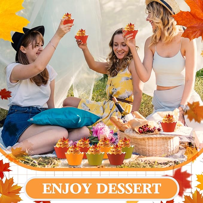 Domensi 100 Pcs Fall Cupcake Wrappers Rustic Cupcake Liners Thanksgiving Baking Cups Baking Liners for Autumn Thanksgiving Wedding Bridal Baby Shower Birthday Party Supplies Dessert Decoration