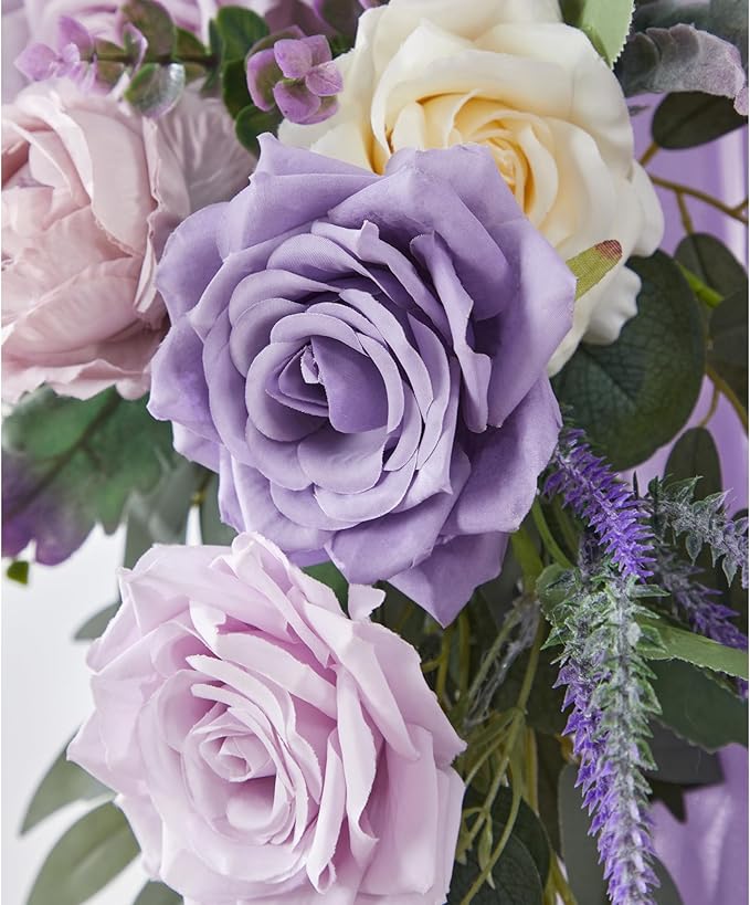 Wedding Arch Flowers with Drapes Kit (Pack of 4) - 2pcs Artificial Lilac Deluxe Swag with 2pcs Sheer Drapes for Wedding Ceremony Arbor Reception Backdrop Rose Floral Decoration