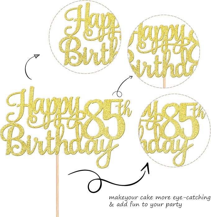 1 PCS Happy 85th Birthday Cake Topper Gold Glitter Cheers to 85 Years Birthday Cake Pick 85 Fabulous Cake Decoration for Happy 85th Birthday Theme Party Decorations Supplies