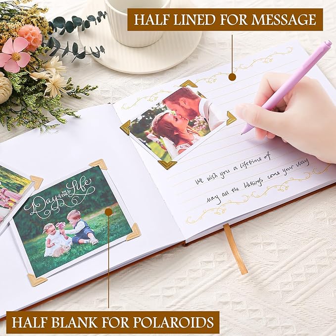 8x10 Leather Guest Book and Standup Sign Set, Gold Foiled Cover Registry Book for Wedding Reception, Retirement Party, Vacation Homes and Events, 120 Sheets (Brown)