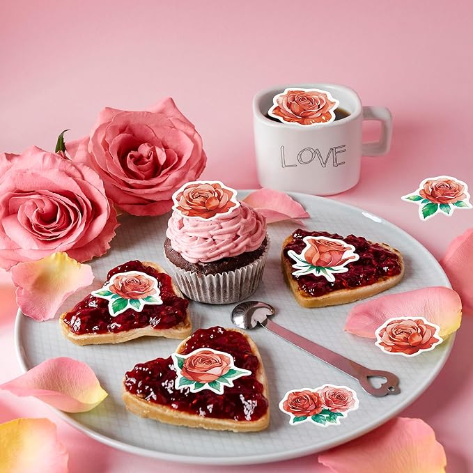 48PCS Edible Rose Flower Cupcake Toppers Wafer Paper Roses Decorations Flower Birthday Party Decorations Rose Cake Toppers for Wedding Engagement Birthday Party Cake Decor Supplies (Red)