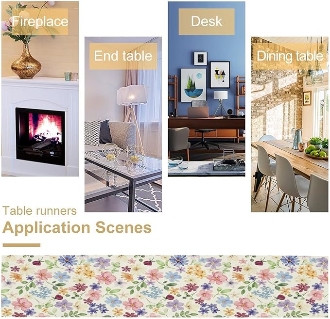 Floral Decorative Table Runner, Watercolor Floral Botanical Rustic Modern Style Pattern Printed Long Table Runner for Restaurant Kitchen Party,13in（33cm） W * 36in（92cm） L