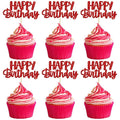 Gyufise 24pcs Happy Birthday Cupcake Toppers - Glitter Cupcake Food Picks for Celebrating Theme Party Cake Decorations - Red