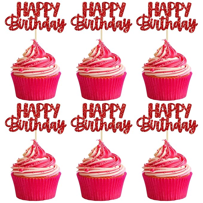 Gyufise 24pcs Happy Birthday Cupcake Toppers - Glitter Cupcake Food Picks for Celebrating Theme Party Cake Decorations - Red