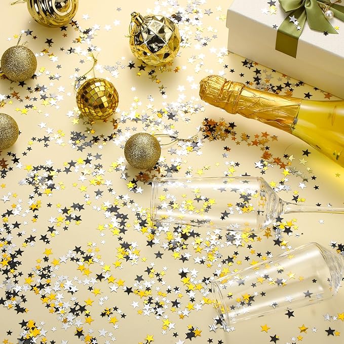 Hestya 60g Star Confetti Glitter Table Confetti Metallic Foil Stars for Party Wedding Festival Decorations(Silver Gold Black,10mm and 6mm)