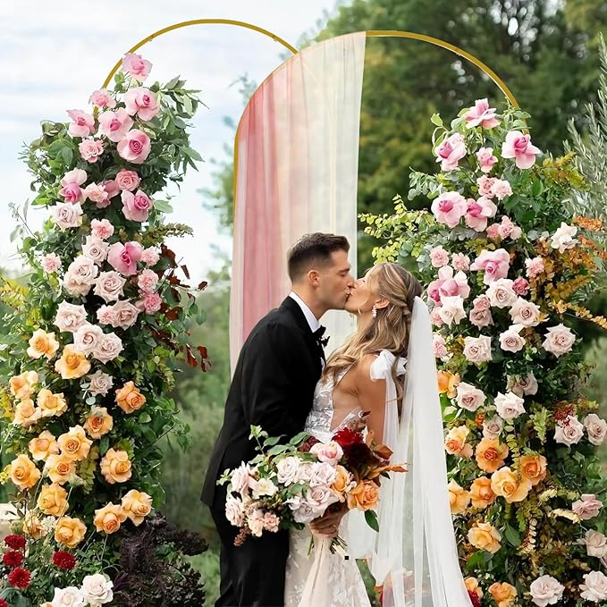Gold Metal Arch Backdrop Stand Set of 2 with Balloons All Accessories Metal Arched Backdrop Frame for Chrismas Ceremony Parties Bithday Decoration (7.2FT, 6FT)