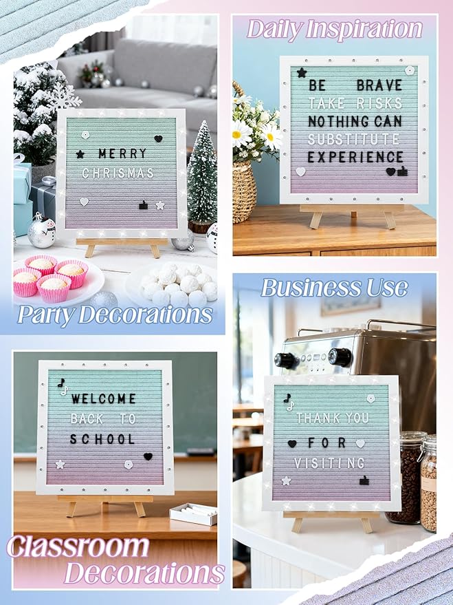 Light up Changeable Felt Letter Board Sign with LED Lights - 10×10" Message Board & Wood Stand & 450 Letters, for Halloween/Birthday/Event/Pregnancy/Baby Announcement/Home Wall Decor Gifts, Gradient