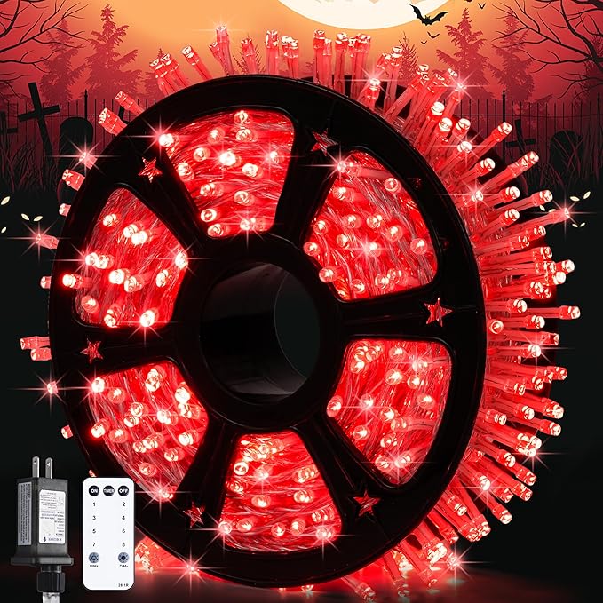 JMEXSUSS 600 LED Red Halloween Lights Outdoor Indoor, 168Ft Red Christmas String Lights Plug in Clear Wire, Light for Halloween Tree Outside Room Christmas Party Decorations