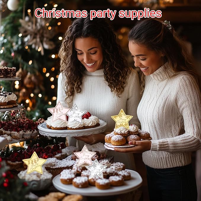 36 Pcs Merry Christmas Acrylic Cupcake Toppers Acrylic Mirror Star Xmas cupcake picks New year Party Cake Decorations