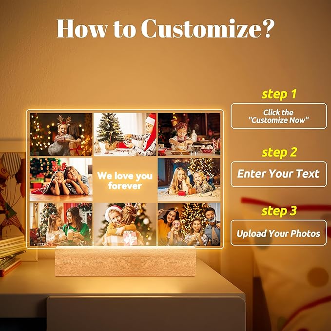 Custom Picture Frames with Photos, Personalized Photo Picture Frame, Customized Photo Frames with Night Light, Personalized Photo Gifts for Women, Men, Mom, Dad, Kids, Baby, Family, Friends