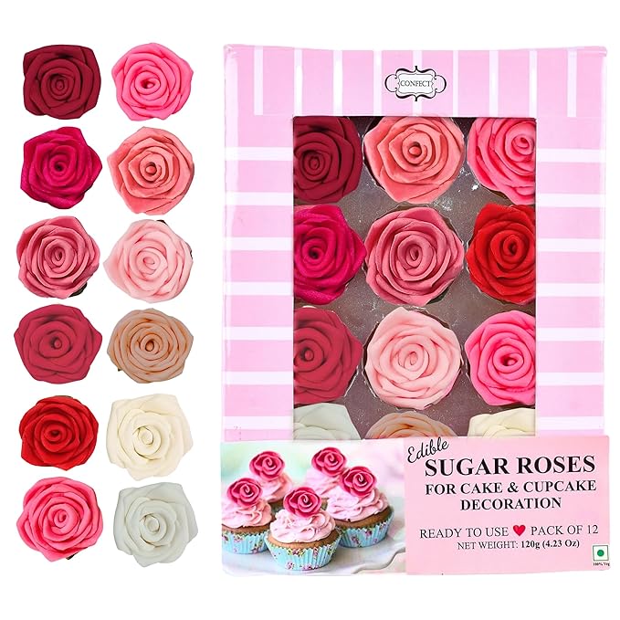 Confect Edible Rose Toppers – Confect Edible Ombre Rose Toppers – Pack of 12 Cupcake & Doughnut Toppers for Cake Decoration- Vegan, Gluten-Free, Soy-Free, Dairy-Free, Palm Oil-Free
