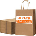 50 Pack Small Brown Paper Gift Bags with Handles, 5.8"x3.2"x8.25" Kraft Paper Gift Bags for Retail, Birthday Parties, Shopping, Versatile Craft Bags & Goodie Sacks