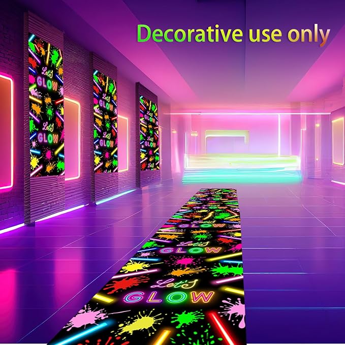 Haull 118 x 39 Inch Neon Light up Dance Floor Glow in The Dark Runner UV Reactive Blacklight Floor Aisle Runner Decor Wall Props for 80s 90s Neon Birthday Party Decorations(Let's Glow)