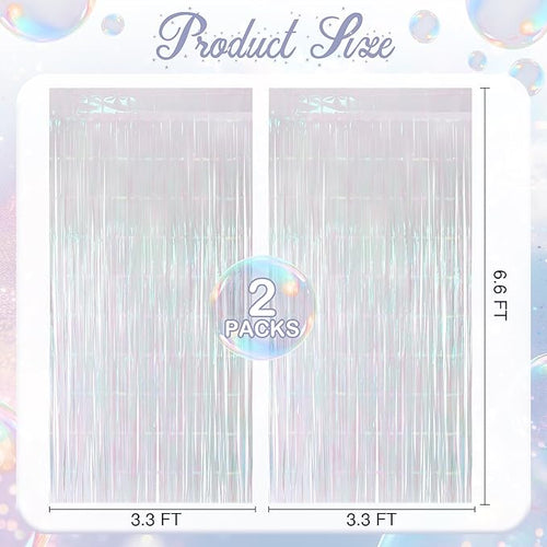 2 Pack White Iridescent Streamers Backdrop, 3.3x6.6ft Foil Fringe Curtains Silver Holographic Door Tinsel Streamers for Birthday, Wedding, Holiday, Bachelorette, Theme Party Decorations