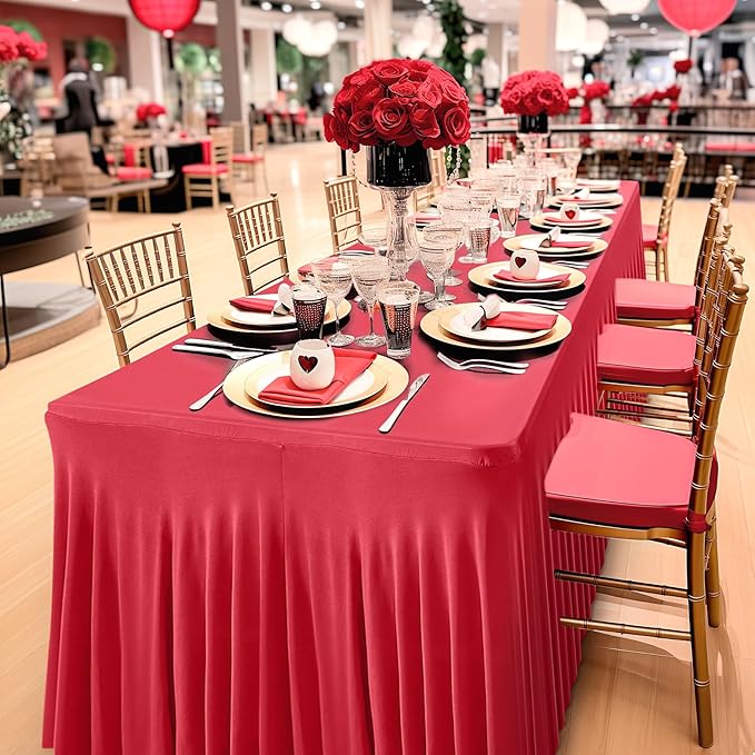 Wish Care 6 Pack Red Spandex Table Clothes for 6 Foot Rectangle Tables, 6FT Wrinkle Free Fitted Tablecloths Ruffles Design Table Cover for Party, Banquet, Wedding and Events