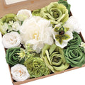 Floroom Olive Green White Artificial Flowers Fake Roses Peonies and Greenery Combo Box Set for DIY Wedding Bouquets Bridal Shower Centerpieces Floral Arrangements Party Tables Home Decorations