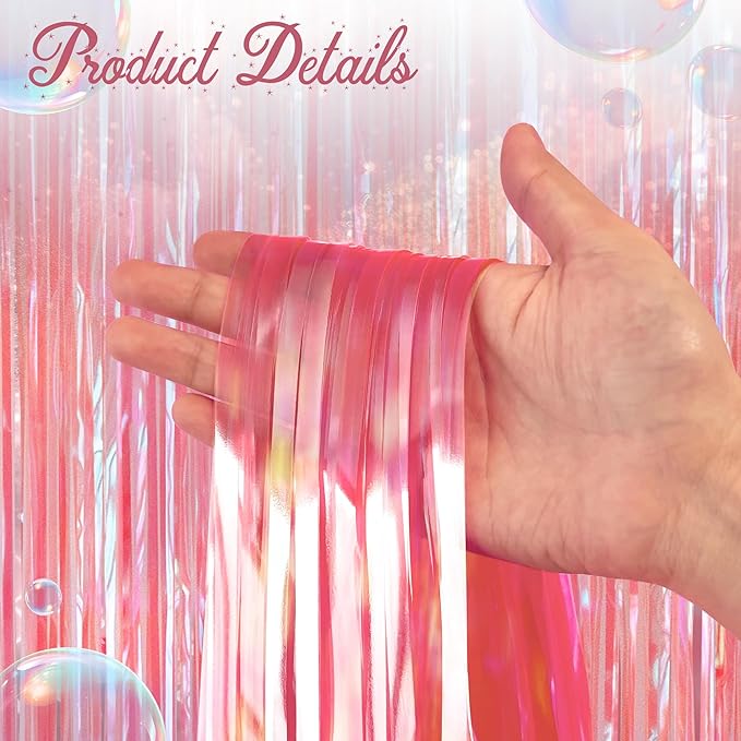 2 Pack Pink Iridescent Streamers Backdrop, 3.3x6.6ft Foil Fringe Curtains Holographic Door Tinsel Streamers for Birthday, Wedding, Holiday, Bachelorette, Baby Shower Theme Party Decorations