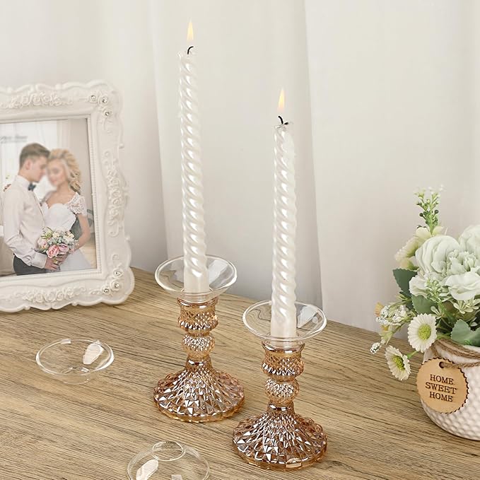 OwnMy Set of 2 Gold Glass Taper Candle Holders Decorative Glass Candlestick Holders, Modern Taper Candle Stands Candlesticks for Dining Table Centerpieces Wedding Church Decor