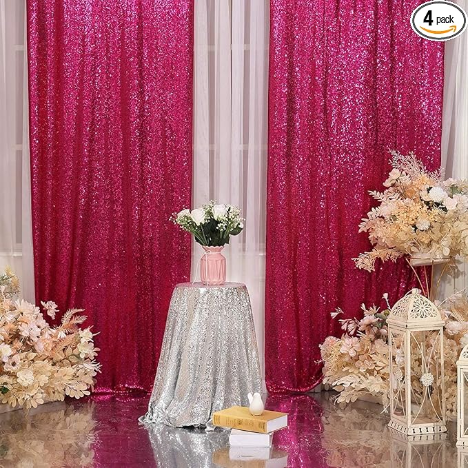 Poise3EHome Hot Pink Sequin Backdrop Curtains, 4 PCS 3FT x 8FT Sequin Panels for Backdrop,Sequence Wedding Party Background Drapes