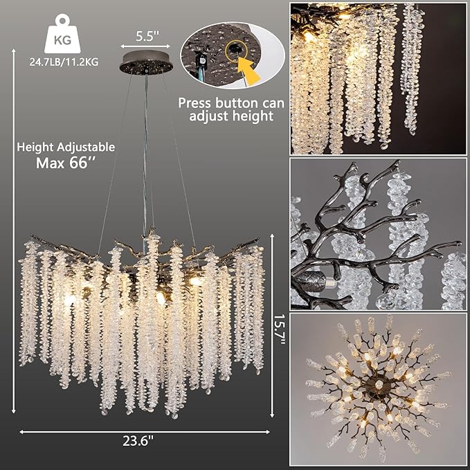 YUYI Modern Crystal Chandeliers for Dining Room,Black Tree Branches Chandelier Lighting,Round Luxury High Ceiling Chandelier Light Fixture Hanging Pendant Light Fixtures